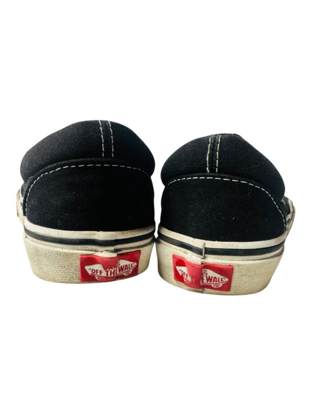 Vans Black Low Top Sneakers Womens 7.5 Mens 6 Canvas White Stitch Slip On Shoes - Picture 2 of 6